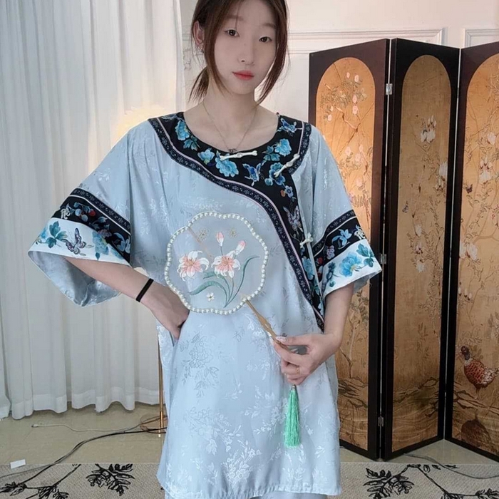 91家纺网 家纺一手货源 找家纺 洛兰沙家居馆【只代发】【只代发】2025新款夏跨境透气家居服女可外贸批发睡衣新款女士甜美宽松薄款睡裙 蓝色