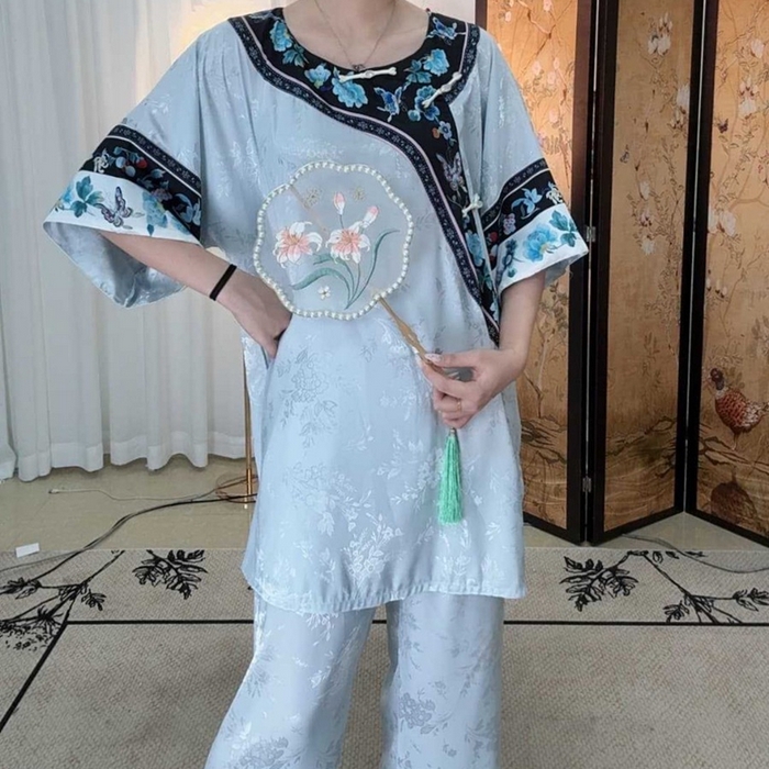 91家纺网 家纺一手货源 找家纺 洛兰沙家居馆【只代发】【只代发】2025新款夏跨境透气家居服女可外贸批发睡衣新款女士甜美宽松薄款睡裙 蓝色