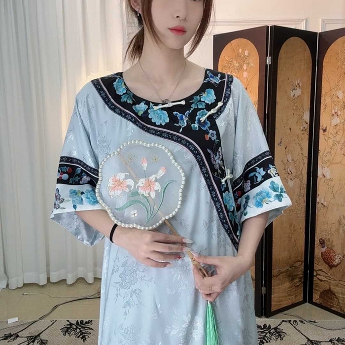 91家纺网 家纺一手货源 找家纺 洛兰沙家居馆【只代发】【只代发】2025新款夏跨境透气家居服女可外贸批发睡衣新款女士甜美宽松薄款睡裙 蓝色