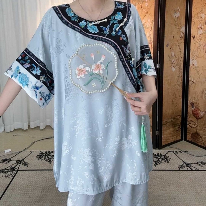 91家纺网 家纺一手货源 找家纺 洛兰沙家居馆【只代发】【只代发】2025新款夏跨境透气家居服女可外贸批发睡衣新款女士甜美宽松薄款睡裙 蓝色