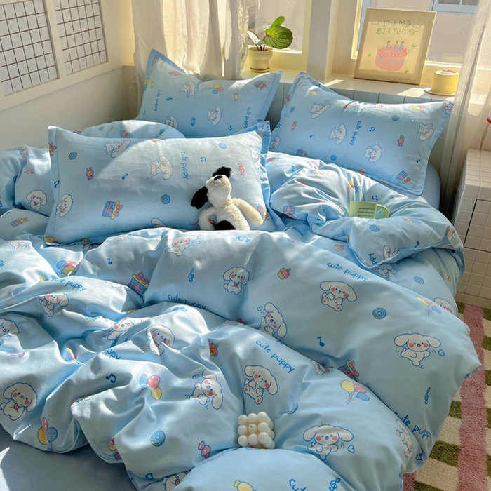 91家纺网 家纺一手货源 找家纺 宏源家纺 2025新款芦荟棉印花亲肤四件套 甜品派对-蓝