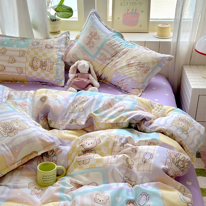 91家纺网 家纺一手货源 找家纺 宏源家纺 2025新款芦荟棉印花亲肤四件套 花园熊