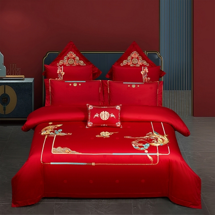 蒂爵 2025新款长绒棉高端简约绣花婚庆四件套多件套轻奢品质高性价款 龙凤祝喜