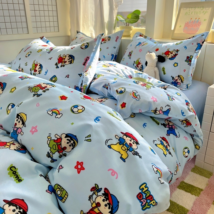 91家纺网 家纺一手货源 找家纺 宏源家纺 2025新款芦荟棉印花亲肤四件套 小新蓝