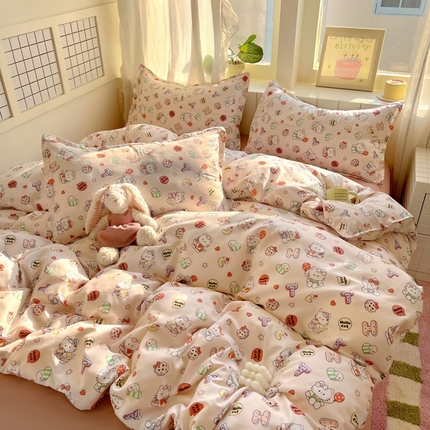 宏源家纺 2025新款芦荟棉印花亲肤四件套 萌萌猫粉