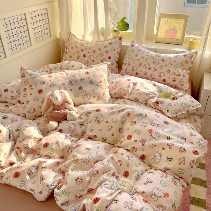 91家纺网 家纺一手货源 找家纺 宏源家纺 2025新款芦荟棉印花亲肤四件套 萌萌猫粉