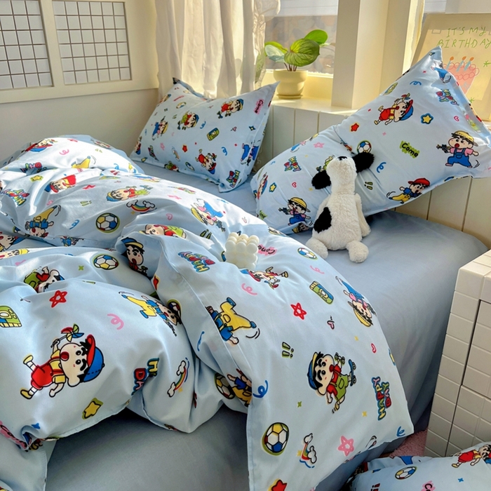 91家纺网 家纺一手货源 找家纺 宏源家纺 2025新款芦荟棉印花亲肤四件套 小新蓝