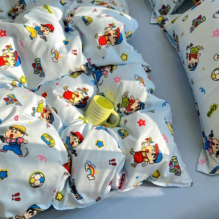 91家纺网 家纺一手货源 找家纺 宏源家纺 2025新款芦荟棉印花亲肤四件套 小新蓝