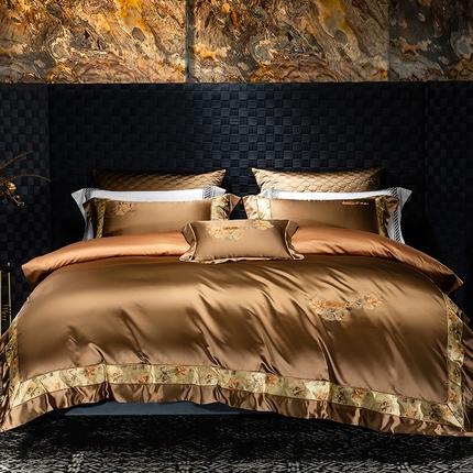 蒂爵 2025新款A版真丝棉b版新疆长绒棉时尚高端四件套-云梦 云梦-琉璃金