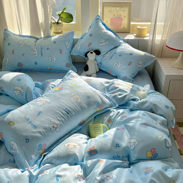 91家纺网 家纺一手货源 找家纺 宏源家纺 2025新款芦荟棉印花亲肤四件套 甜品派对-蓝