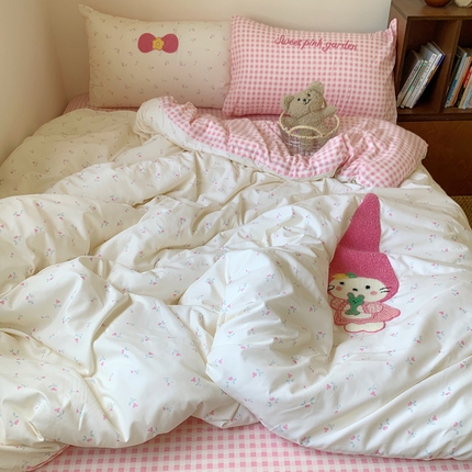 桃喜 2025新款韩系卡通水洗棉毛巾绣四件套 碎花帽子猫