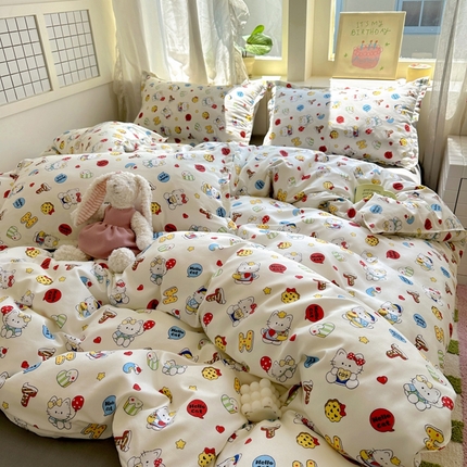 宏源家纺 2025新款芦荟棉印花亲肤四件套 萌萌猫灰