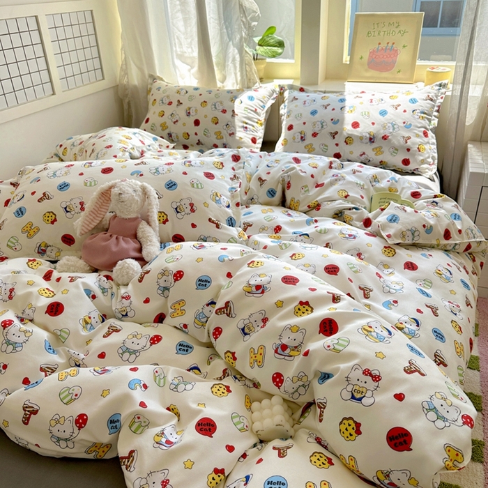 91家纺网 家纺一手货源 找家纺 宏源家纺 2025新款芦荟棉印花亲肤四件套 萌萌猫灰