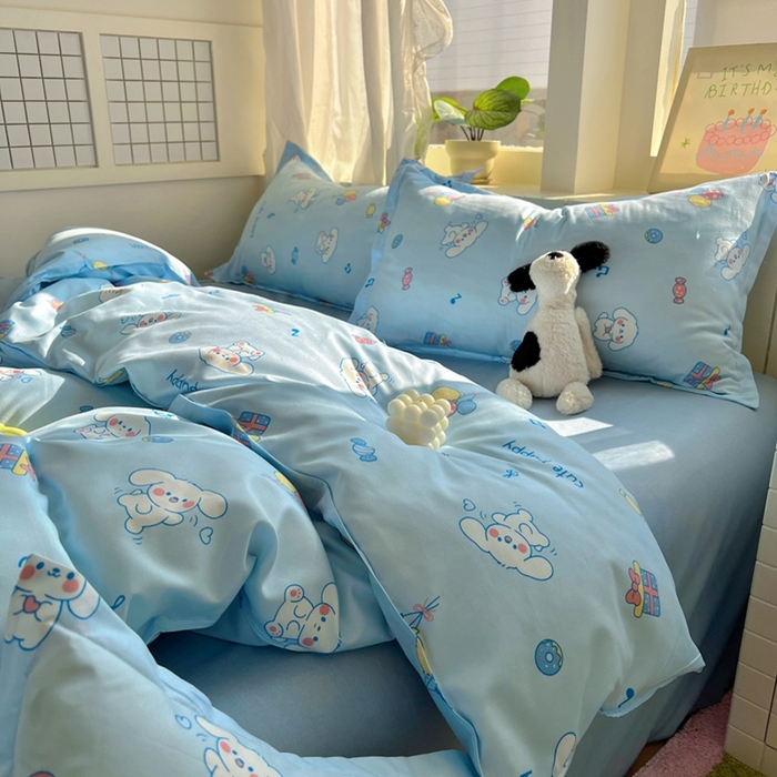 91家纺网 家纺一手货源 找家纺 宏源家纺 2025新款芦荟棉印花亲肤四件套 甜品派对-蓝