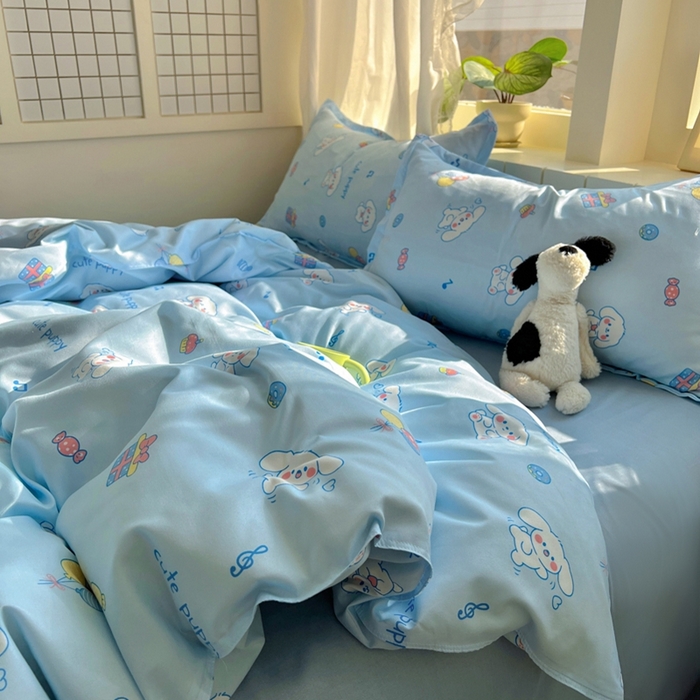 91家纺网 家纺一手货源 找家纺 宏源家纺 2025新款芦荟棉印花亲肤四件套 甜品派对-蓝