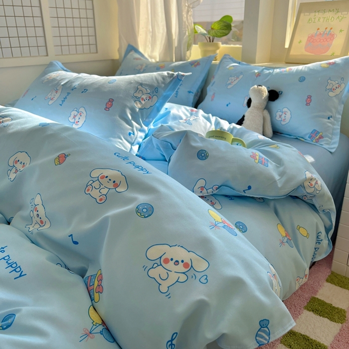 91家纺网 家纺一手货源 找家纺 宏源家纺 2025新款芦荟棉印花亲肤四件套 甜品派对-蓝