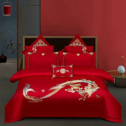 蒂爵 2025新款长绒棉高端简约绣花婚庆四件套多件套轻奢品质高性价款 金羽呈祥