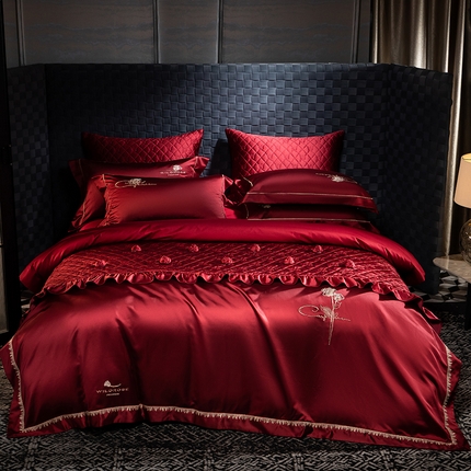 蒂爵 2025新款A版真丝棉b版新疆长绒棉时尚高端四件套-克罗心恋曲 克罗心恋曲-红