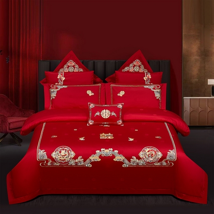 蒂爵 2025新款长绒棉高端简约绣花婚庆四件套多件套轻奢品质高性价款 团团圆圆