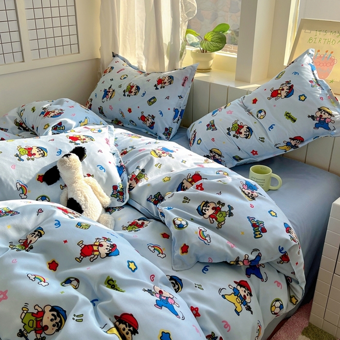 91家纺网 家纺一手货源 找家纺 宏源家纺 2025新款芦荟棉印花亲肤四件套 小新蓝