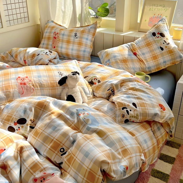 91家纺网 家纺一手货源 找家纺 宏源家纺 2025新款芦荟棉印花亲肤四件套 快乐玩伴