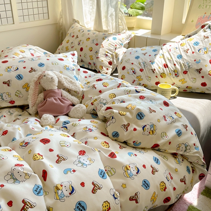 91家纺网 家纺一手货源 找家纺 宏源家纺 2025新款芦荟棉印花亲肤四件套 萌萌猫灰