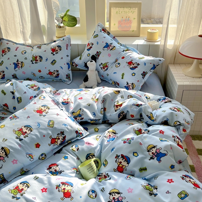 91家纺网 家纺一手货源 找家纺 宏源家纺 2025新款芦荟棉印花亲肤四件套 小新蓝