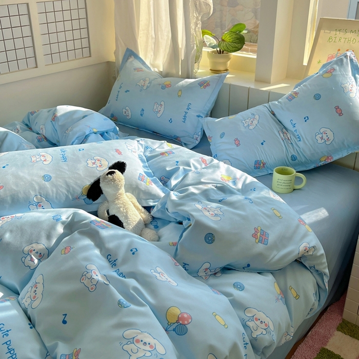 91家纺网 家纺一手货源 找家纺 宏源家纺 2025新款芦荟棉印花亲肤四件套 甜品派对-蓝