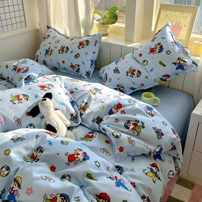 91家纺网 家纺一手货源 找家纺 宏源家纺 2025新款芦荟棉印花亲肤四件套 小新蓝