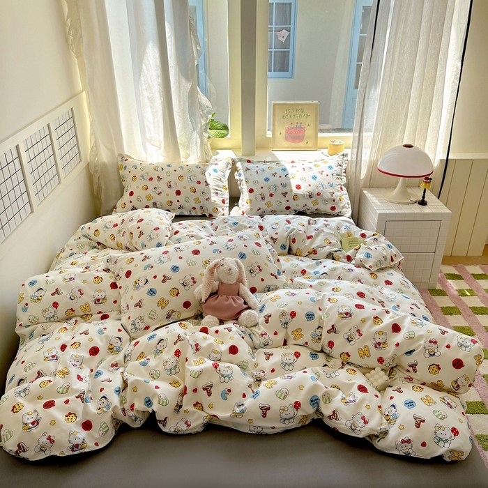 91家纺网 家纺一手货源 找家纺 宏源家纺 2025新款芦荟棉印花亲肤四件套 萌萌猫灰