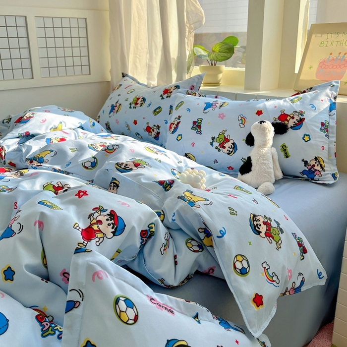 91家纺网 家纺一手货源 找家纺 宏源家纺 2025新款芦荟棉印花亲肤四件套 小新蓝