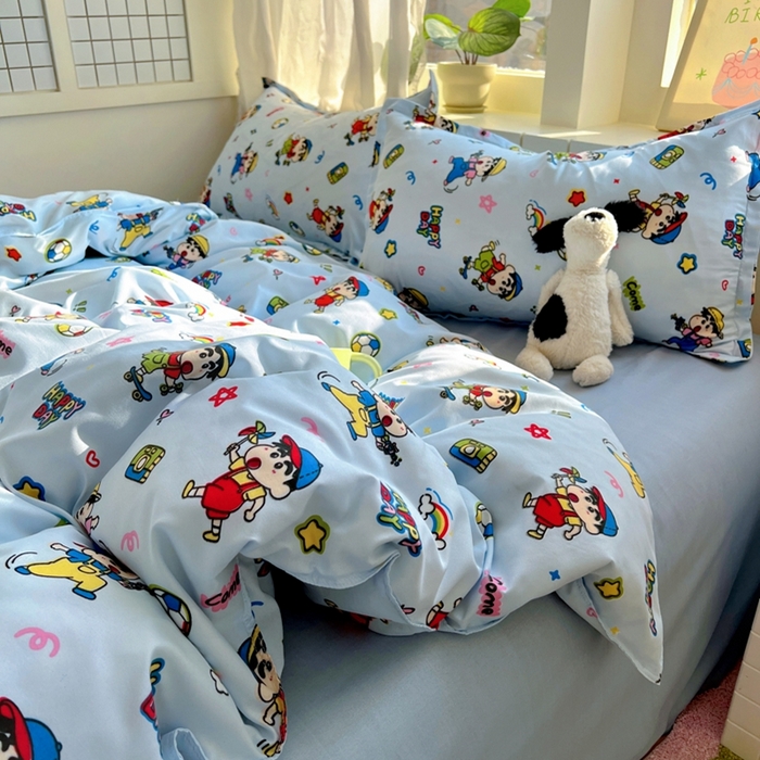 91家纺网 家纺一手货源 找家纺 宏源家纺 2025新款芦荟棉印花亲肤四件套 小新蓝