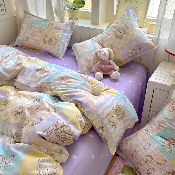 91家纺网 家纺一手货源 找家纺 宏源家纺 2025新款芦荟棉印花亲肤四件套 花园熊