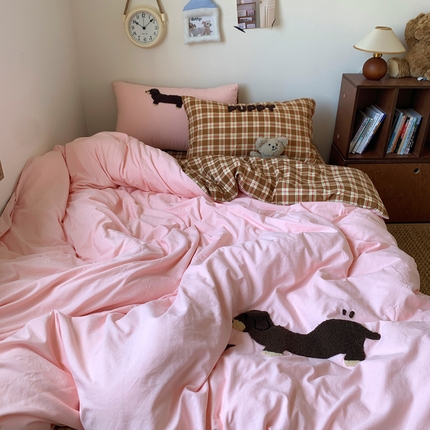 桃喜 2025新款韩系卡通水洗棉毛巾绣四件套 粉色腊肠狗