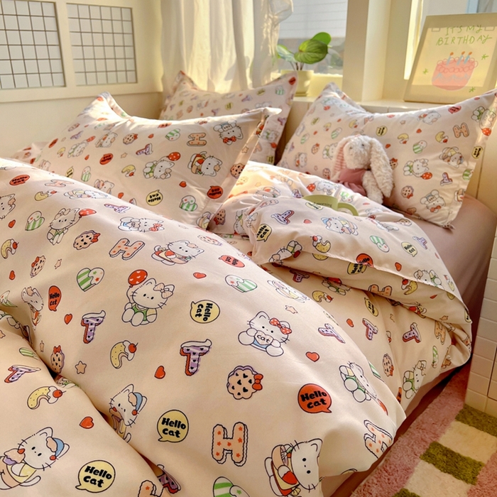 91家纺网 家纺一手货源 找家纺 宏源家纺 2025新款芦荟棉印花亲肤四件套 萌萌猫粉