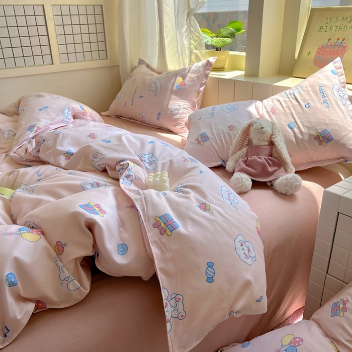 91家纺网 家纺一手货源 找家纺 宏源家纺 2025新款芦荟棉印花亲肤四件套 甜品派对-玉