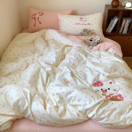 桃喜 2025新款韩系卡通水洗棉毛巾绣四件套 花篮小猫