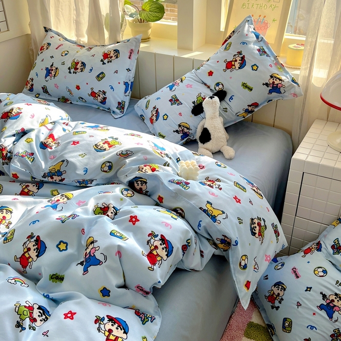 91家纺网 家纺一手货源 找家纺 宏源家纺 2025新款芦荟棉印花亲肤四件套 小新蓝