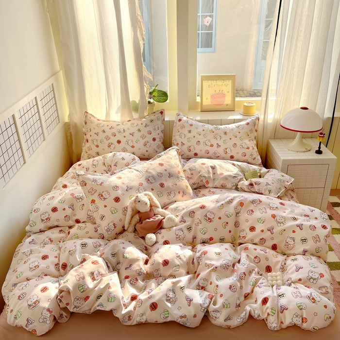 91家纺网 家纺一手货源 找家纺 宏源家纺 2025新款芦荟棉印花亲肤四件套 萌萌猫粉