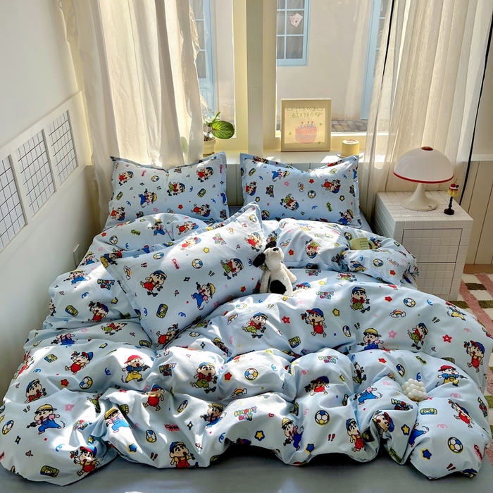 91家纺网 家纺一手货源 找家纺 宏源家纺 2025新款芦荟棉印花亲肤四件套 小新蓝