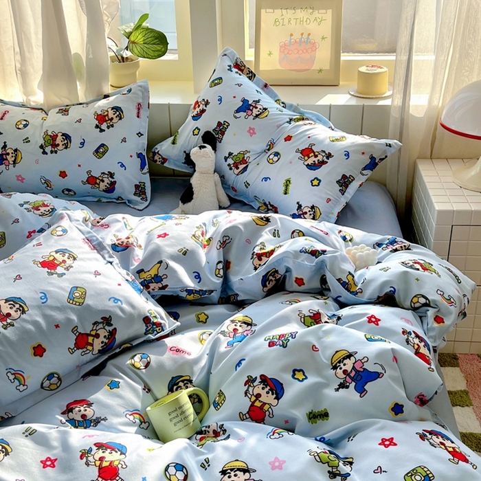 91家纺网 家纺一手货源 找家纺 宏源家纺 2025新款芦荟棉印花亲肤四件套 小新蓝