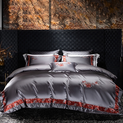 蒂爵 2025新款A版真丝棉b版新疆长绒棉时尚高端四件套-云梦 云梦-烟灰色