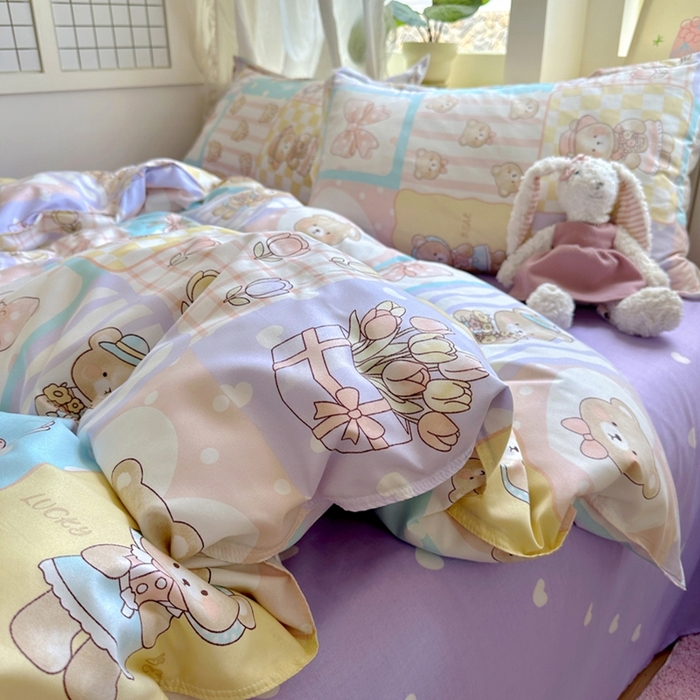 91家纺网 家纺一手货源 找家纺 宏源家纺 2025新款芦荟棉印花亲肤四件套 花园熊