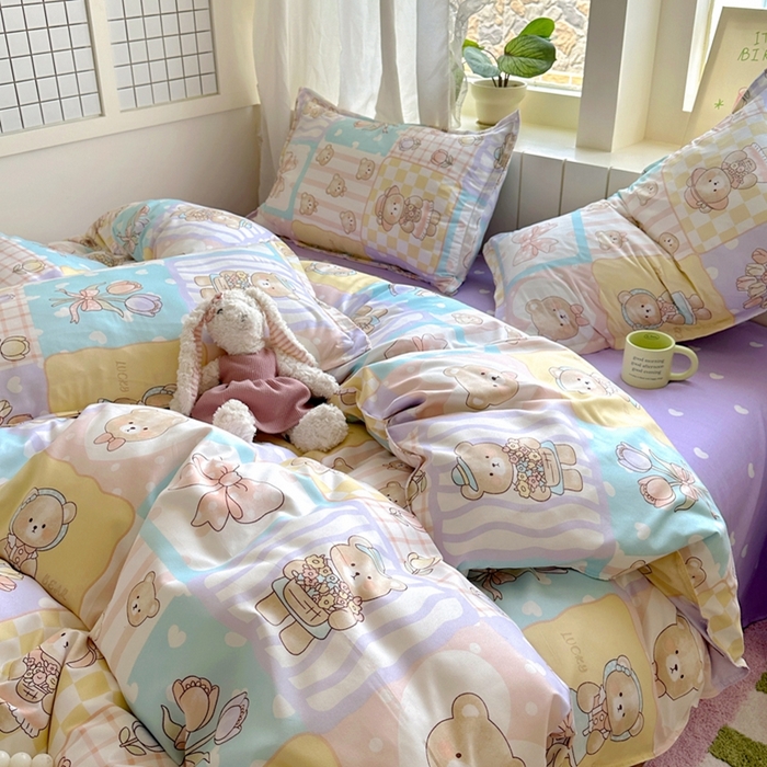 91家纺网 家纺一手货源 找家纺 宏源家纺 2025新款芦荟棉印花亲肤四件套 花园熊