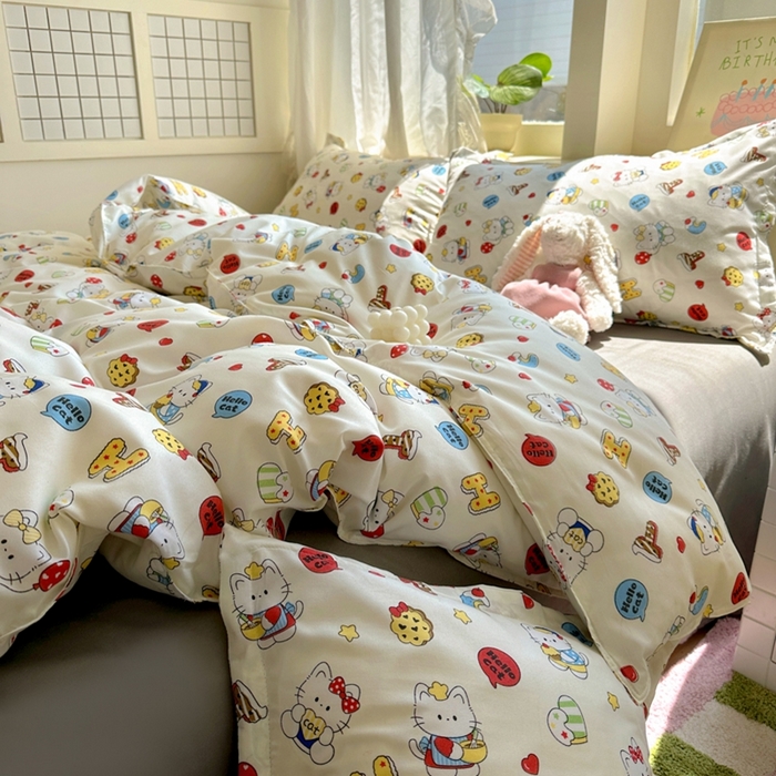 91家纺网 家纺一手货源 找家纺 宏源家纺 2025新款芦荟棉印花亲肤四件套 萌萌猫灰