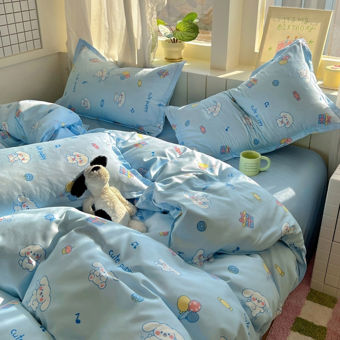 91家纺网 家纺一手货源 找家纺 宏源家纺 2025新款芦荟棉印花亲肤四件套 甜品派对-蓝