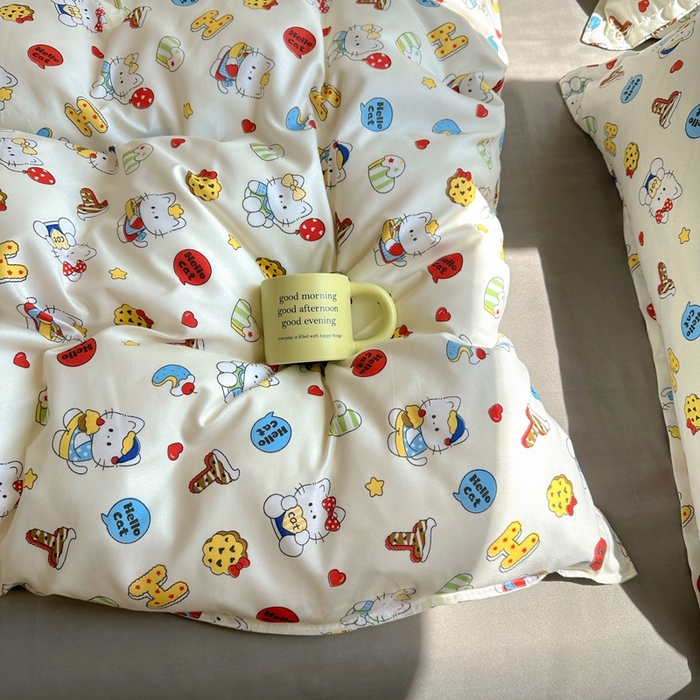 91家纺网 家纺一手货源 找家纺 宏源家纺 2025新款芦荟棉印花亲肤四件套 萌萌猫灰