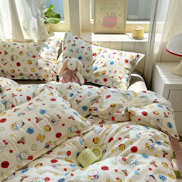 91家纺网 家纺一手货源 找家纺 宏源家纺 2025新款芦荟棉印花亲肤四件套 萌萌猫灰