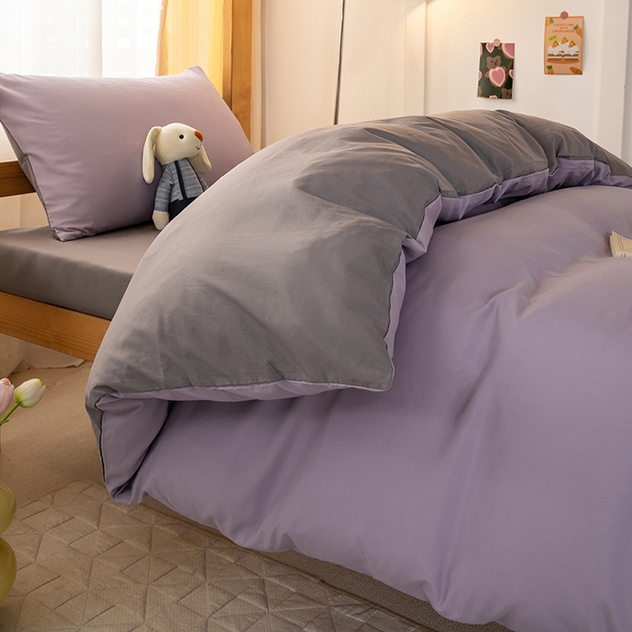 91家纺网 家纺一手货源 找家纺 芷凡家纺 2024新款水洗磨毛纯色双拼学生三件套四件套 烟紫+中灰