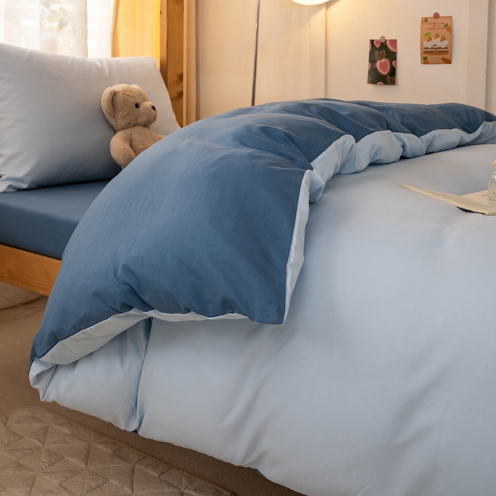 91家纺网 家纺一手货源 找家纺 芷凡家纺 2024新款水洗磨毛纯色双拼学生三件套四件套 天蓝+海蓝